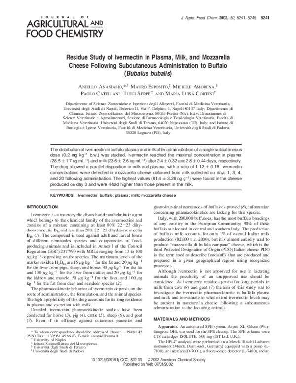 (PDF) Residue Study of Ivermectin in Plasma, Milk, and Mozzarella ...
