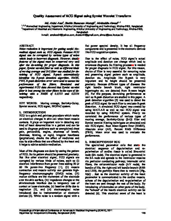 (PDF) Quality Assessment of ECG Signal using Symlet Wavelet Transform