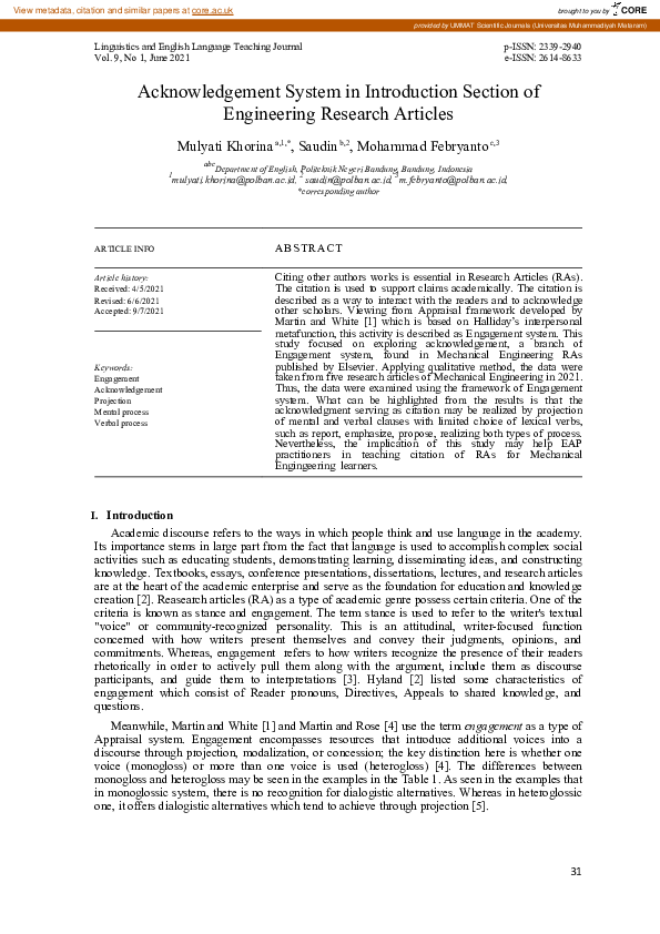 (PDF) Acknowledgement System in Introduction Section of Engineering ...