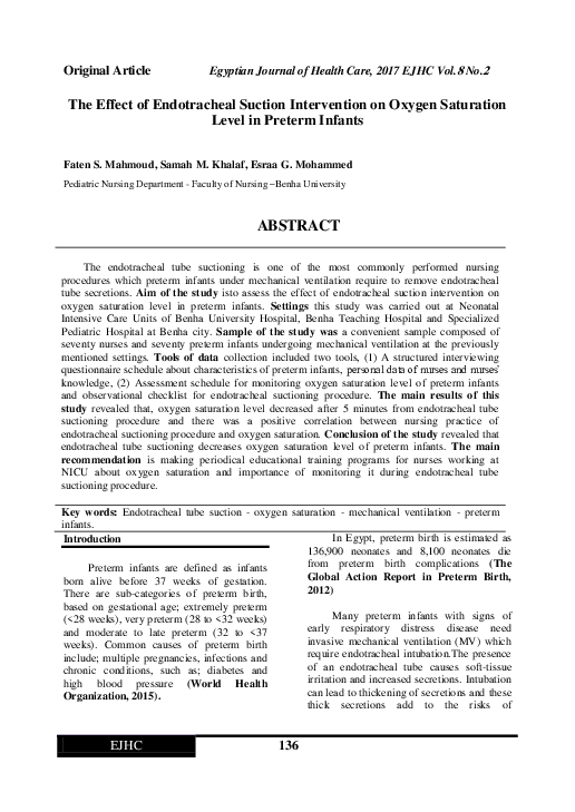 (PDF) The Effect of Endotracheal Suction Intervention on Oxygen ...