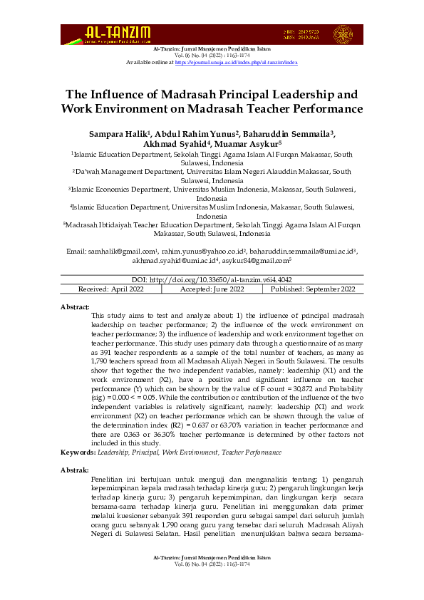 (PDF) The Influence of Madrasah Principal Leadership and Work ...