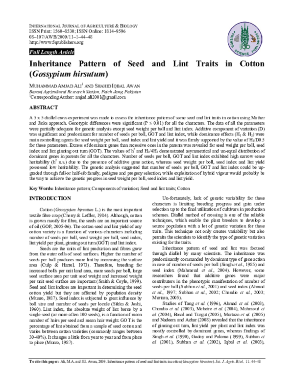 (PDF) Inheritance pattern of seed and lint traits in cotton (Gossypium ...