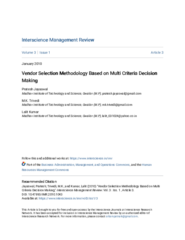 (PDF) Vendor Selection Methodology Based on Multi Criteria Decision Making