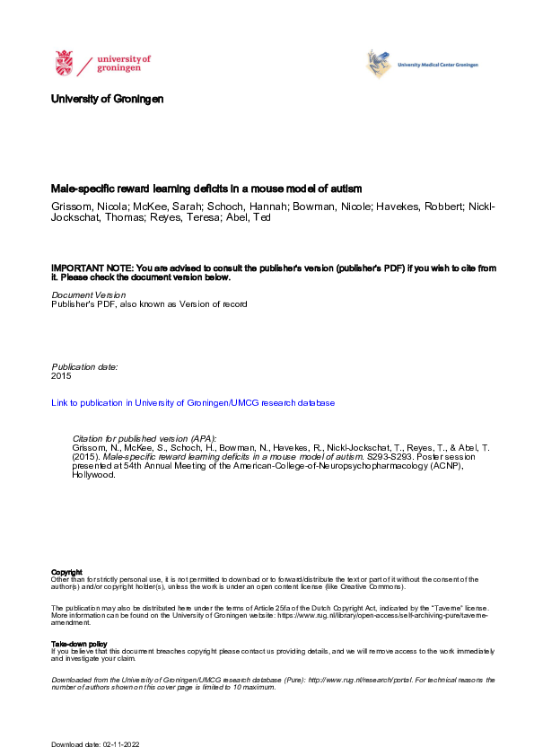 (PDF) Male-specific reward learning deficits in a mouse model of autism