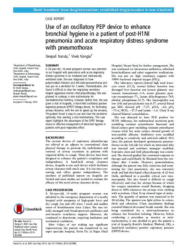 (PDF) Use of an oscillatory PEP device to enhance bronchial hygiene in a patient of postH1NI