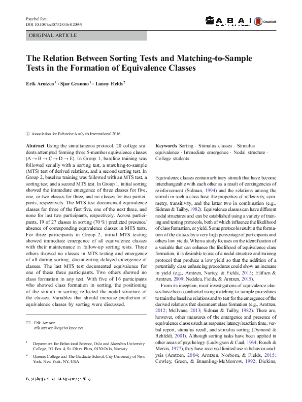 (PDF) The Relation Between Sorting Tests and Matching-to-Sample Tests ...