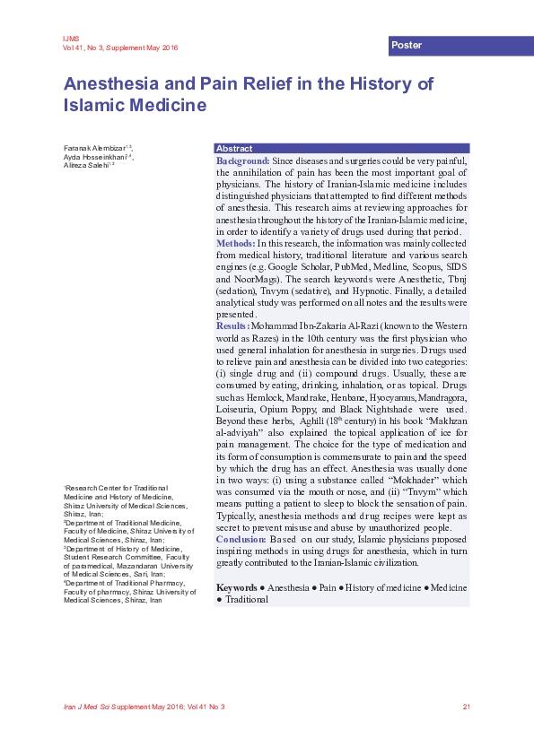 (PDF) Anesthesia and Pain Relief in the History of Islamic Medicine