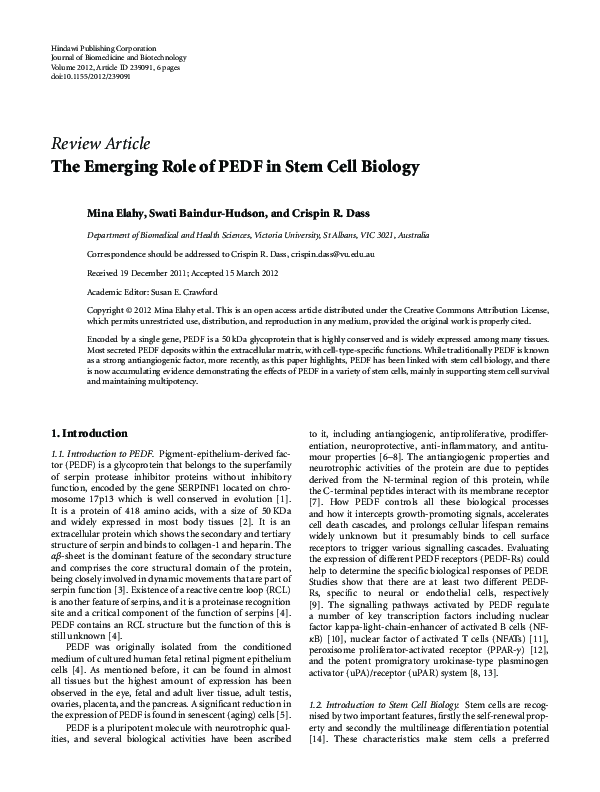 (PDF) The Emerging Role of PEDF in Stem Cell Biology