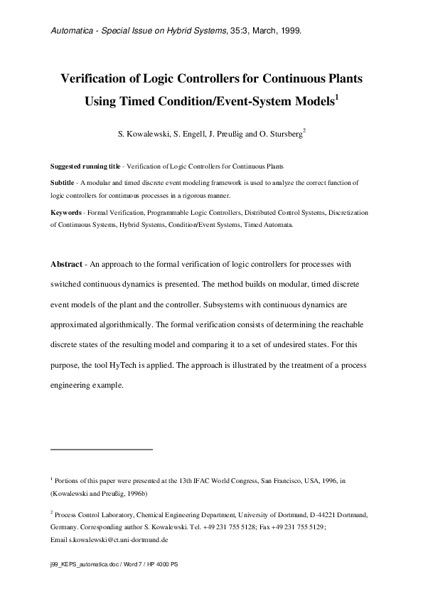 (PDF) Verification of logic controllers for continuous plants using ...