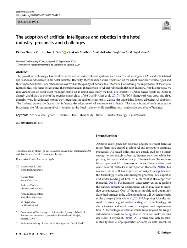 (PDF) The adoption of artificial intelligence and robotics in the hotel ...