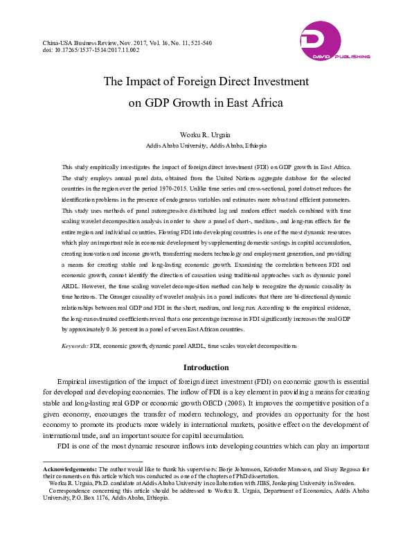 (PDF) The Impact of Foreign Direct Investment on GDP Growth in East Africa