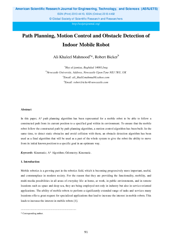 (PDF) Path Planning, Motion Control and Obstacle Detection of Indoor ...