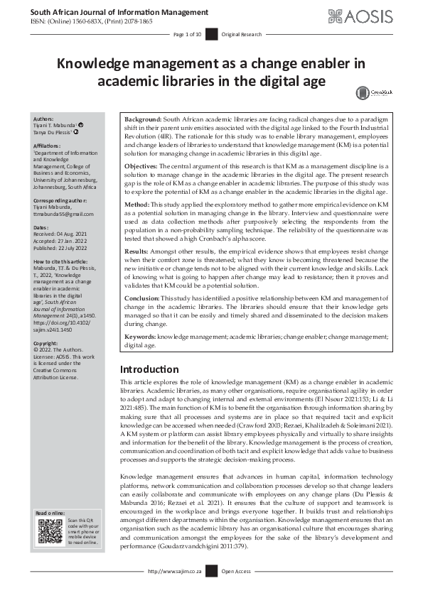 (PDF) Knowledge management as a change enabler in academic libraries in ...