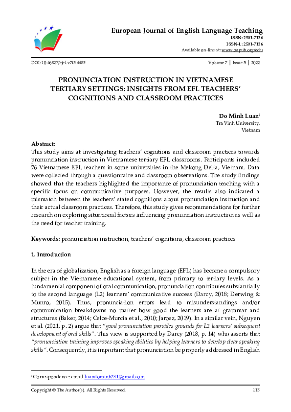 (PDF) Pronunciation Instruction in Vietnamese Tertiary Settings ...