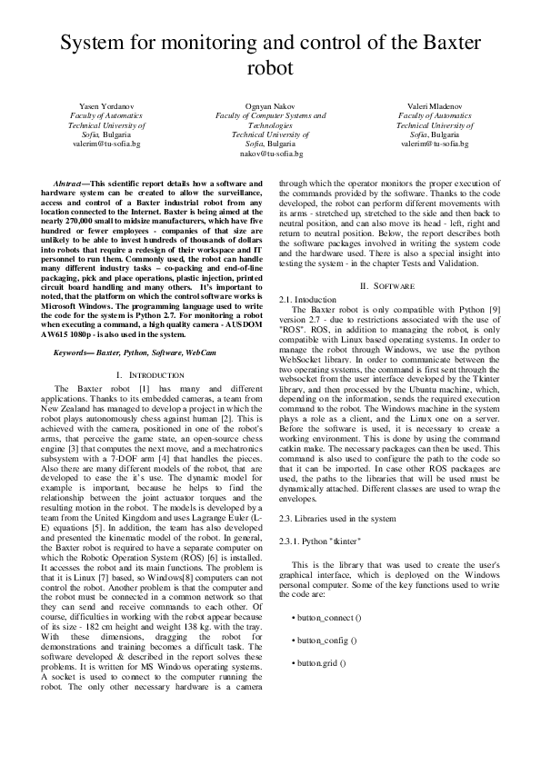 (PDF) System for Monitoring and Control of the Baxter Robot