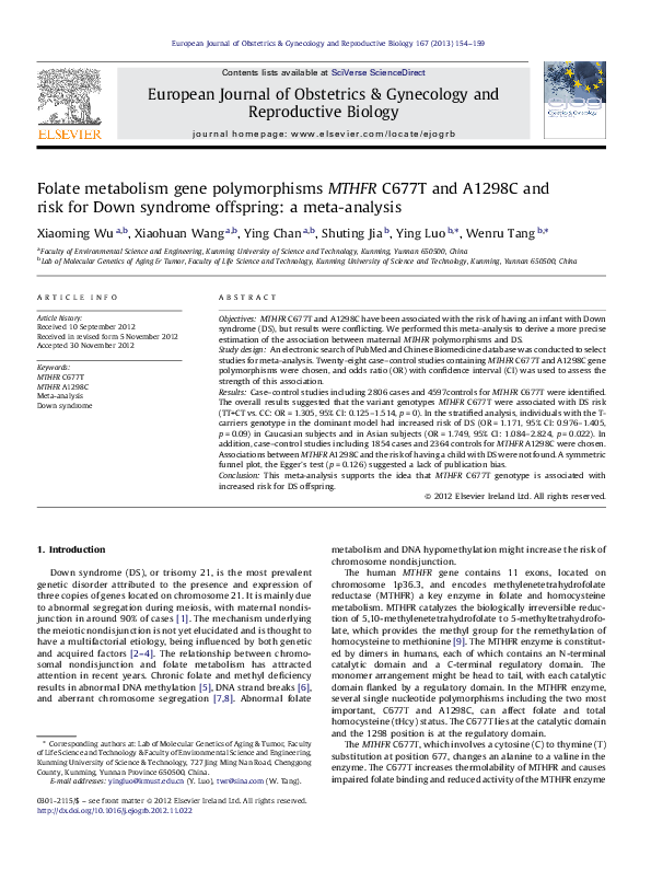 (PDF) Folate metabolism gene polymorphisms MTHFR C677T and A1298C and ...