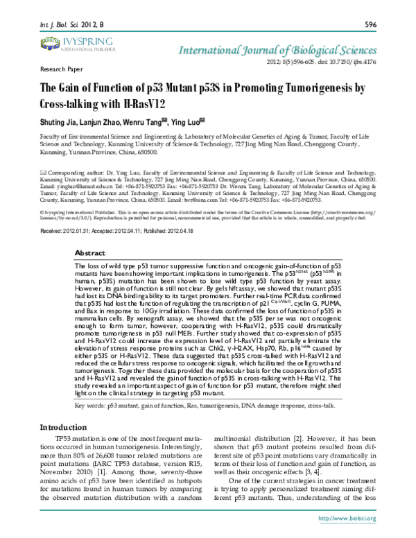 (PDF) The Gain of Function of p53 Mutant p53S in Promoting ...