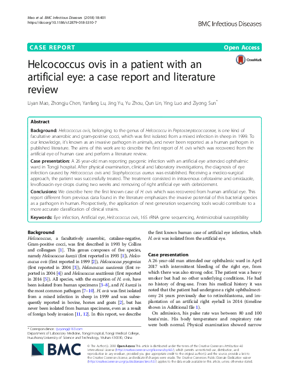 (PDF) Helcococcus ovis in a patient with an artificial eye a case