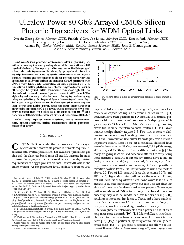 (PDF) Ultralow Power 80 Gb/s Arrayed CMOS Silicon Photonic Transceivers ...