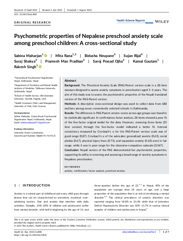 (PDF) Psychometric properties of Nepalese preschool anxiety scale among ...