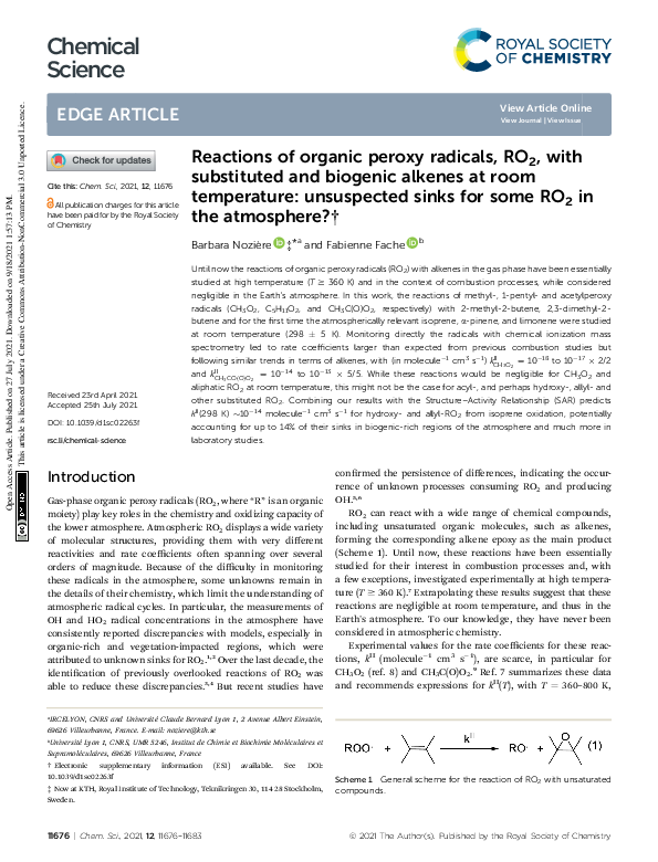 (PDF) Reactions of organic peroxy radicals, RO2, with substituted and ...