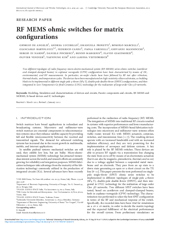 (PDF) RF MEMS ohmic switches for matrix configurations