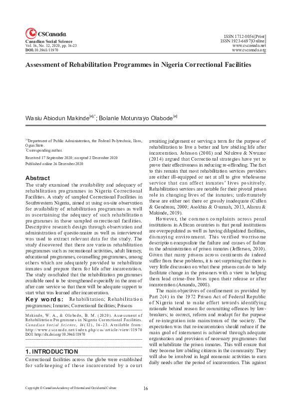 (PDF) Assessment of Rehabilitation Programmes in Nigeria Correctional ...