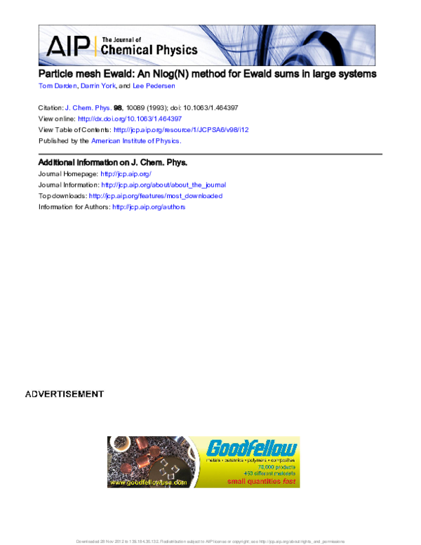 (PDF) Particle mesh Ewald: AnN⋅log(N) method for Ewald sums in large ...