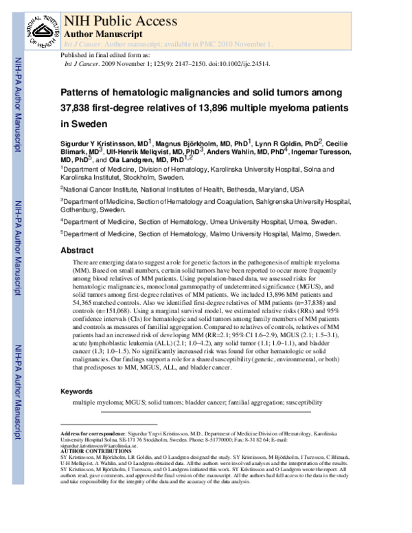 (PDF) Patterns of hematologic malignancies and solid tumors among ...
