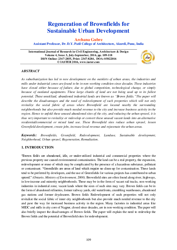 (PDF) Regeneration of Brownfields for Sustainable Urban Development IAEME Publication