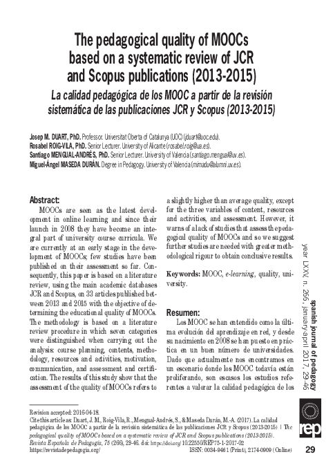 (PDF) The pedagogical quality of MOOCs based on a systematic review of ...