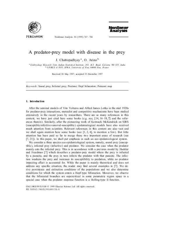 (PDF) A predator-prey model with disease in the prey