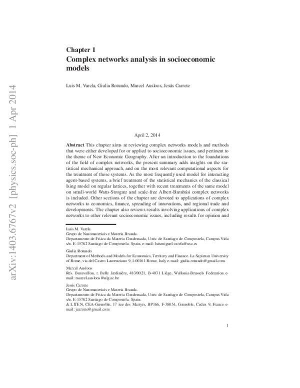 (PDF) Complex Network Analysis in Socioeconomic Models