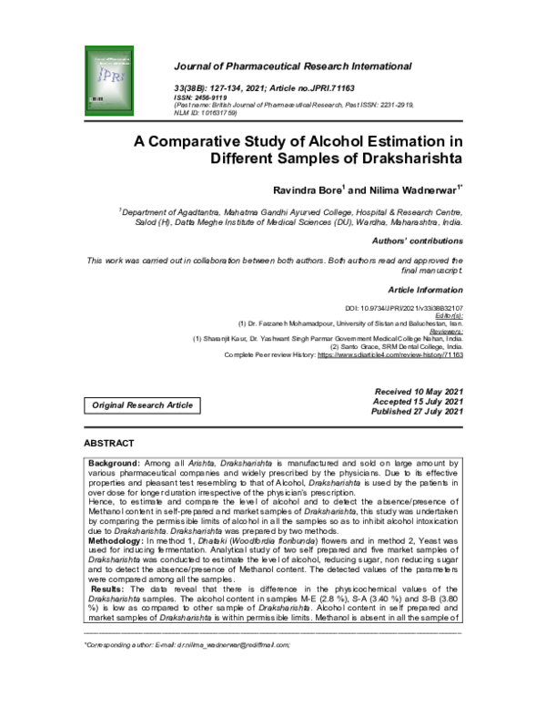 (PDF) A Comparative Study of Alcohol Estimation in Different Samples of ...