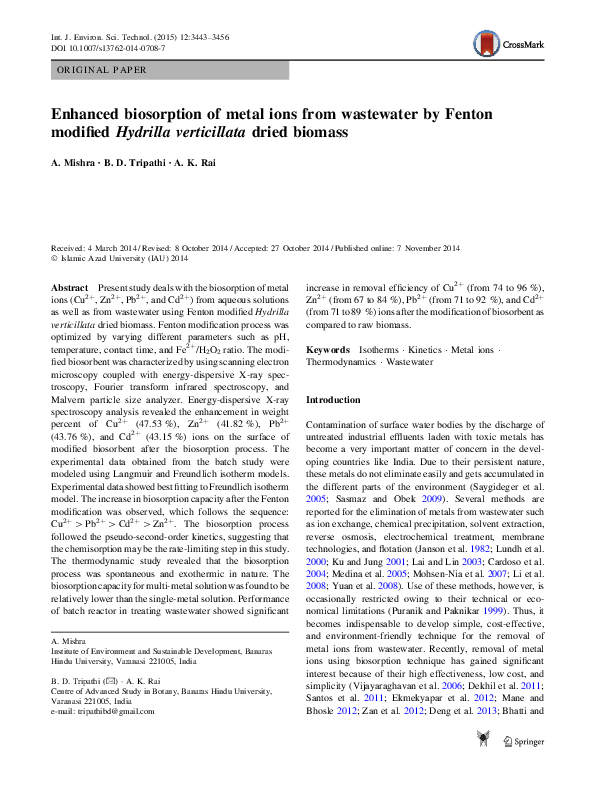(PDF) Enhanced biosorption of metal ions from wastewater by Fenton ...