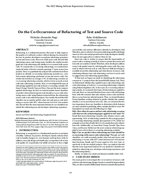 (PDF) On the co-occurrence of refactoring of test and source code