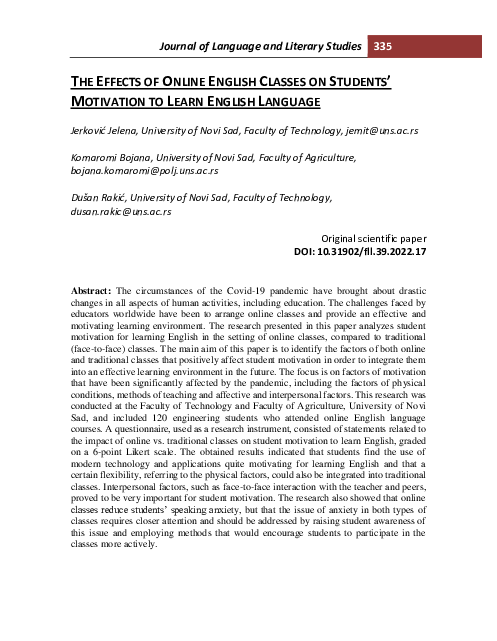 (PDF) THE EFFECTS OF ONLINE ENGLISH CLASSES ON STUDENTS' MOTIVATION TO ...