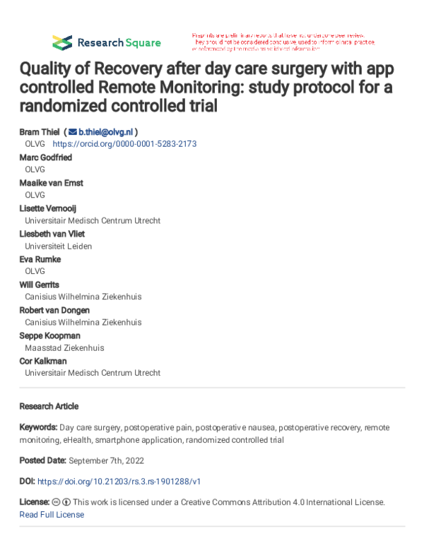 (PDF) Quality of Recovery after day care surgery with app controlled ...