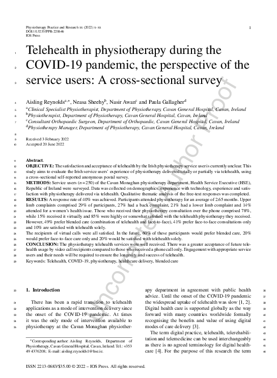 (PDF) Telehealth in physiotherapy during the COVID-19 pandemic, the ...
