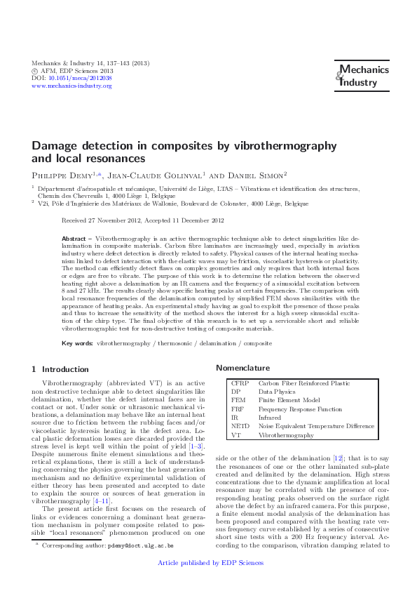 (PDF) Damage detection in composites by vibrothermography and local ...