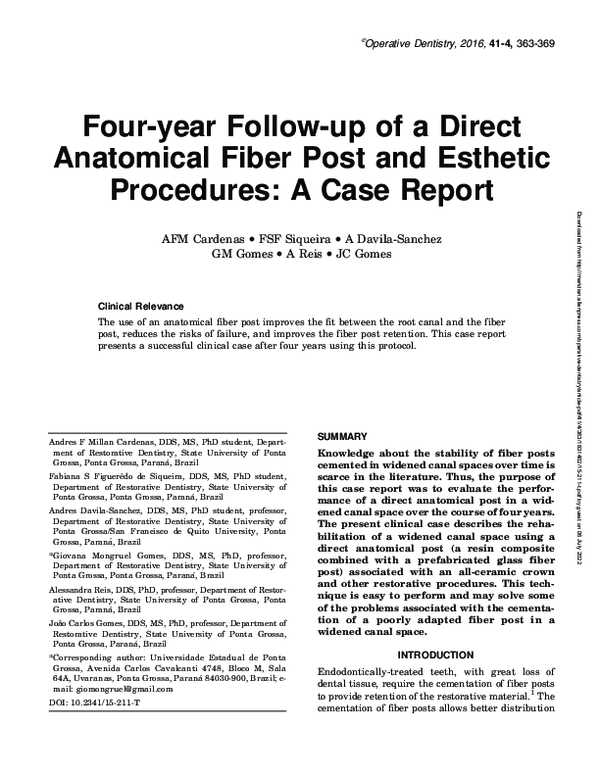 (PDF) Four-year Follow-up of a Direct Anatomical Fiber Post and ...