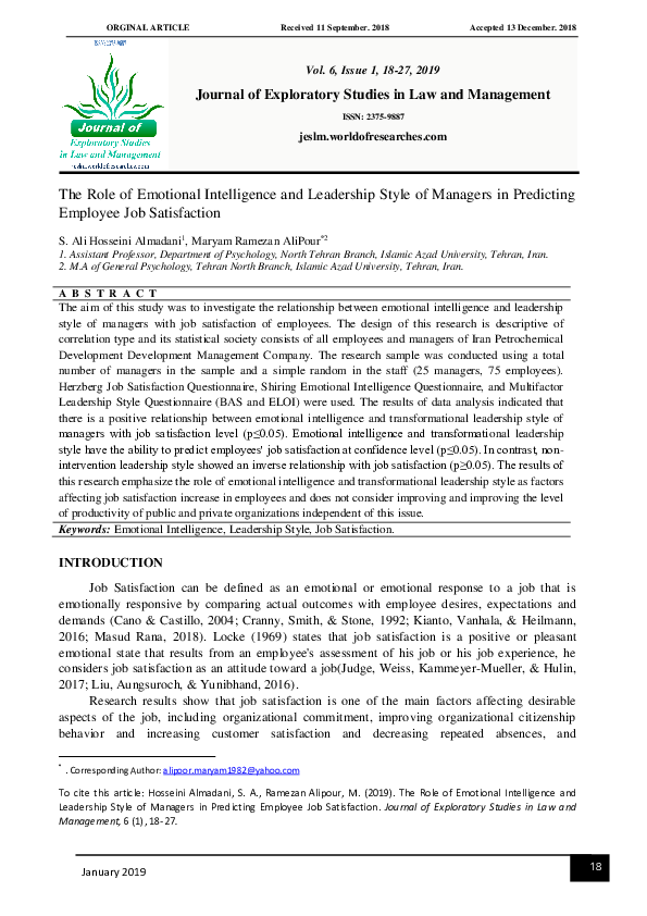 (PDF) The Role of Emotional Intelligence and Leadership Style of ...