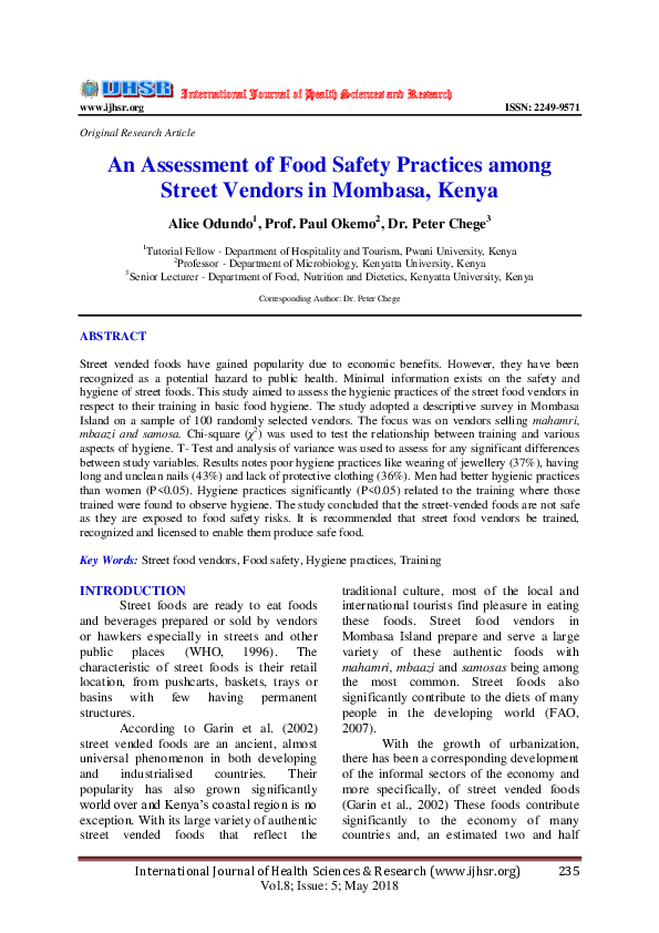 (PDF) An Assessment of Food Safety Practices among Street Vendors in