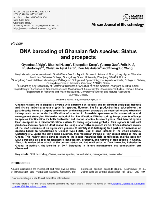 (PDF) DNA barcoding of Ghanaian fish species: Status and prospects
