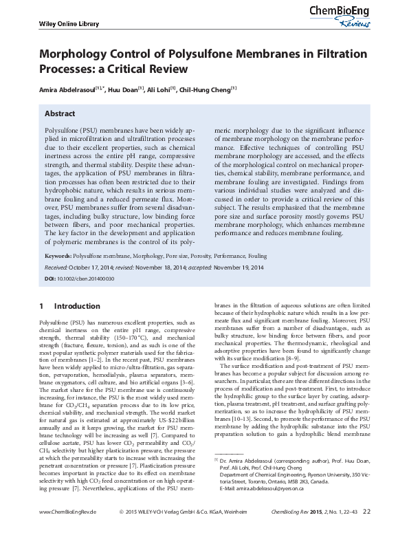 (PDF) Morphology Control of Polysulfone Membranes in Filtration Processes a Critical Review
