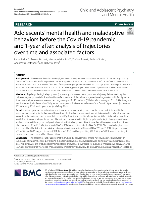 (PDF) Adolescents’ mental health and maladaptive behaviors before the ...
