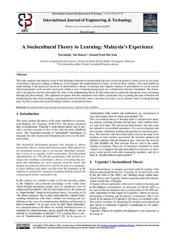 (PDF) A Sociocultural Theory to Learning: Malaysia’s Experience