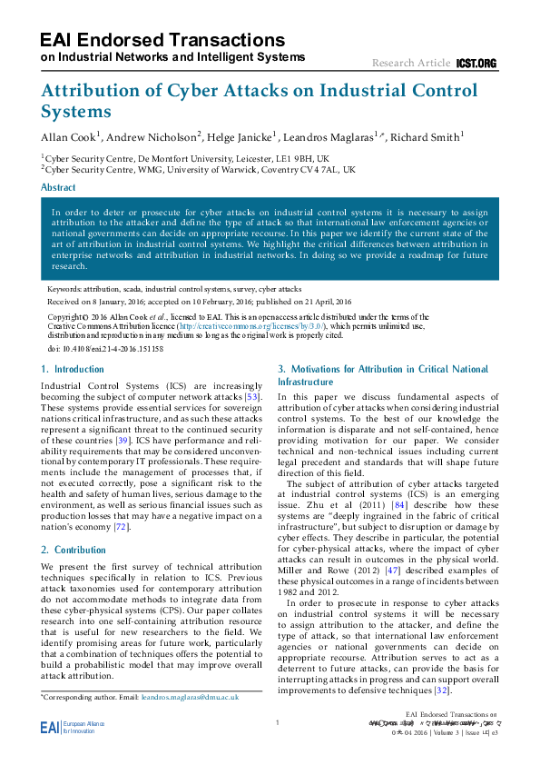 (PDF) Attribution of Cyber Attacks on Industrial Control Systems