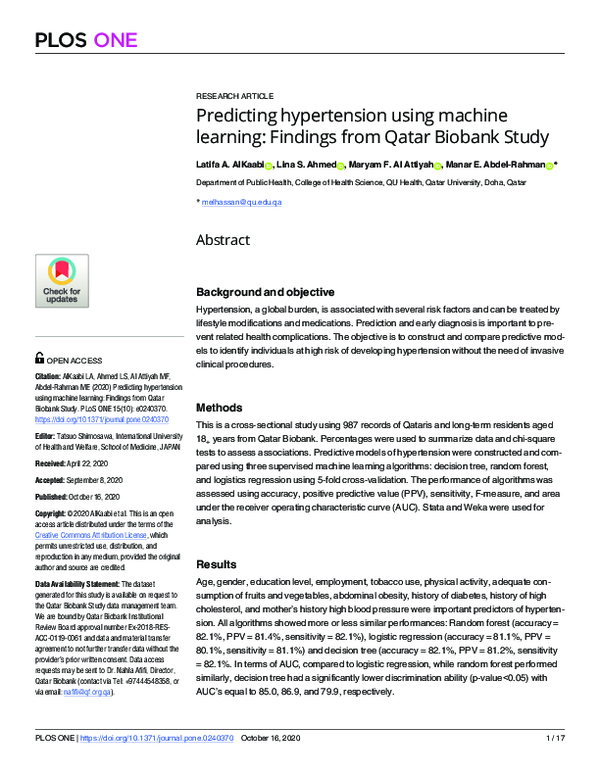 (PDF) Predicting hypertension using machine learning: Findings from ...