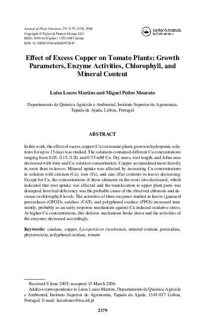 (PDF) Effect of Excess Copper on Tomato Plants: Growth Parameters ...